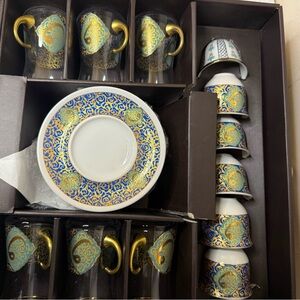 Nazli Kristal Elegant Gold and Blue 18 piece Tea Set